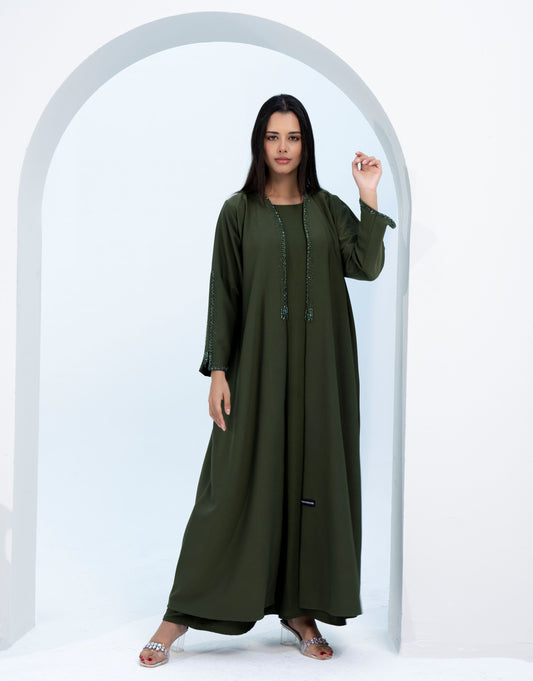 Green Colored V-Neck Abaya with Stunning Embellishments on Front Top Half and Sleeves