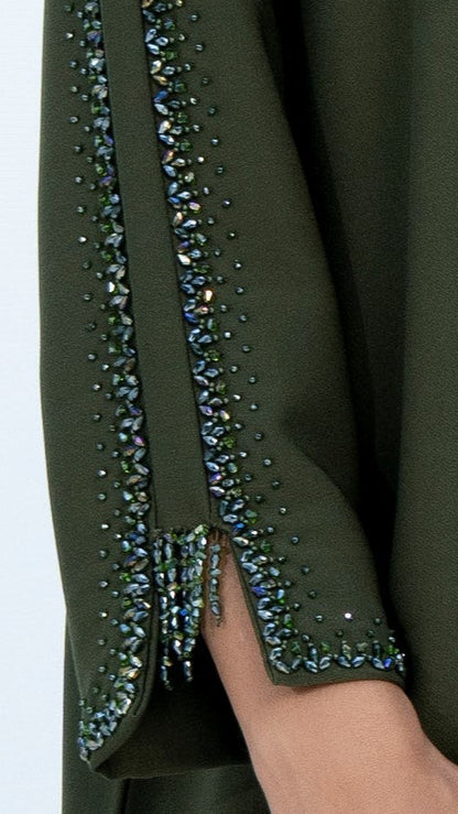 Green Colored V-Neck Abaya with Stunning Embellishments on Front Top Half and Sleeves