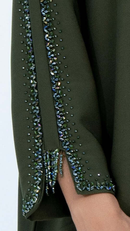 Green V-Neck Abaya Adorned with Exquisite Front and Sleeve Embellishments