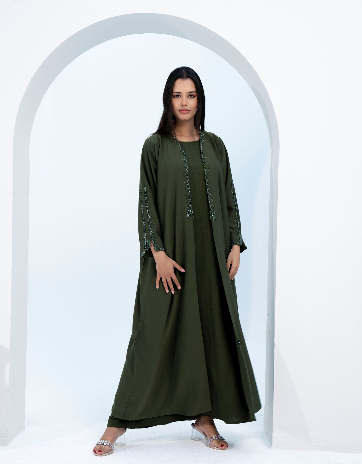 Green Colored V-Neck Abaya with Stunning Embellishments on Front Top Half and Sleeves