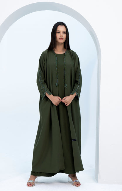 Green Colored V-Neck Abaya with Stunning Embellishments on Front Top Half and Sleeves