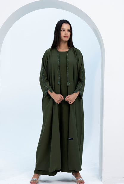 Green Colored V-Neck Abaya with Stunning Embellishments on Front Top Half and Sleeves