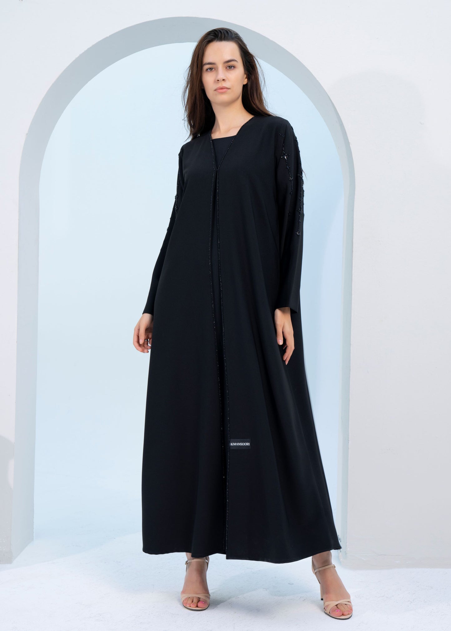 Black V-Neck Abaya with Star Line Embellishments on Sleeves and Flap