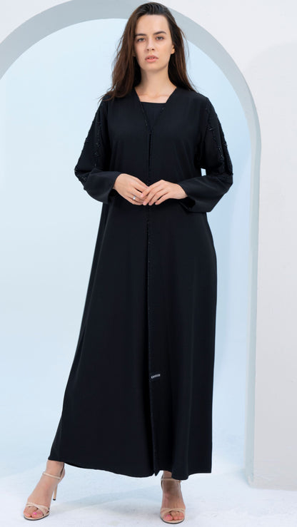 Black V-Neck Abaya with Star Line Embellishments on Sleeves and Flap