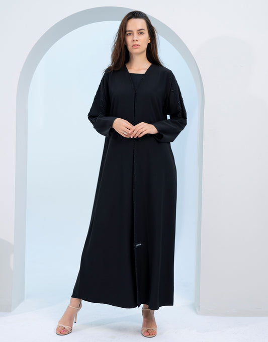 Black V-Neck Abaya with Star Line Embellishments on Sleeves and Flap