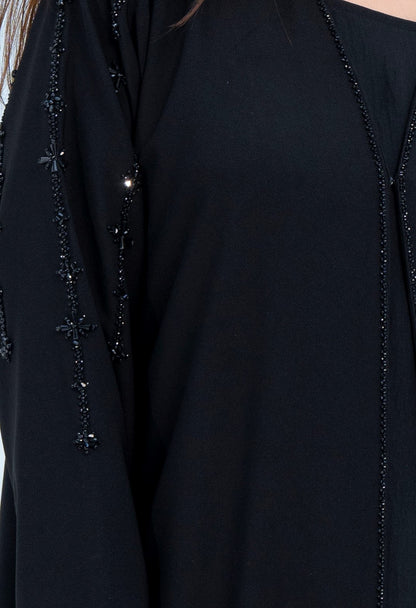 Black V-Neck Abaya with Star Line Embellishments on Sleeves and Flap