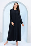 Black V-Neck Abaya with Exquisite Patterned Hand Embellishments on Side and Sleeves