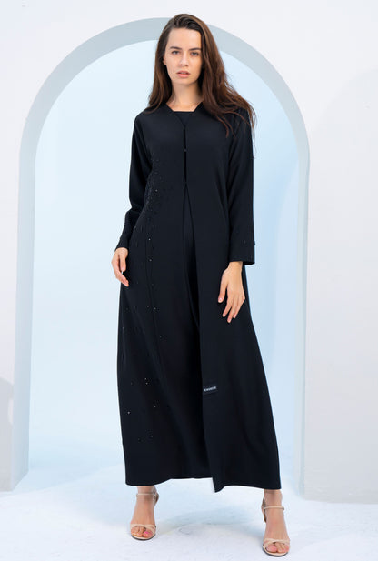 Black V-Neck Abaya with Exquisite Patterned Hand Embellishments on Side and Sleeves
