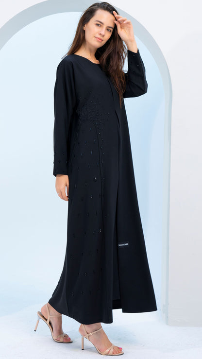 Black V-Neck Abaya with Exquisite Patterned Hand Embellishments on Side and Sleeves