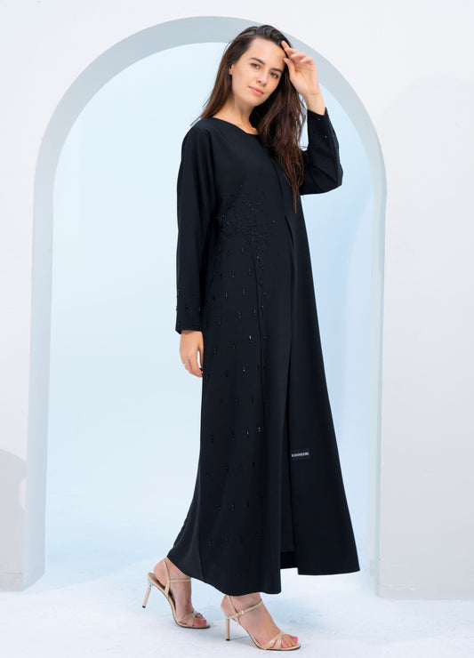 Black V-Neck Abaya with Exquisite Patterned Hand Embellishments on Side and Sleeves