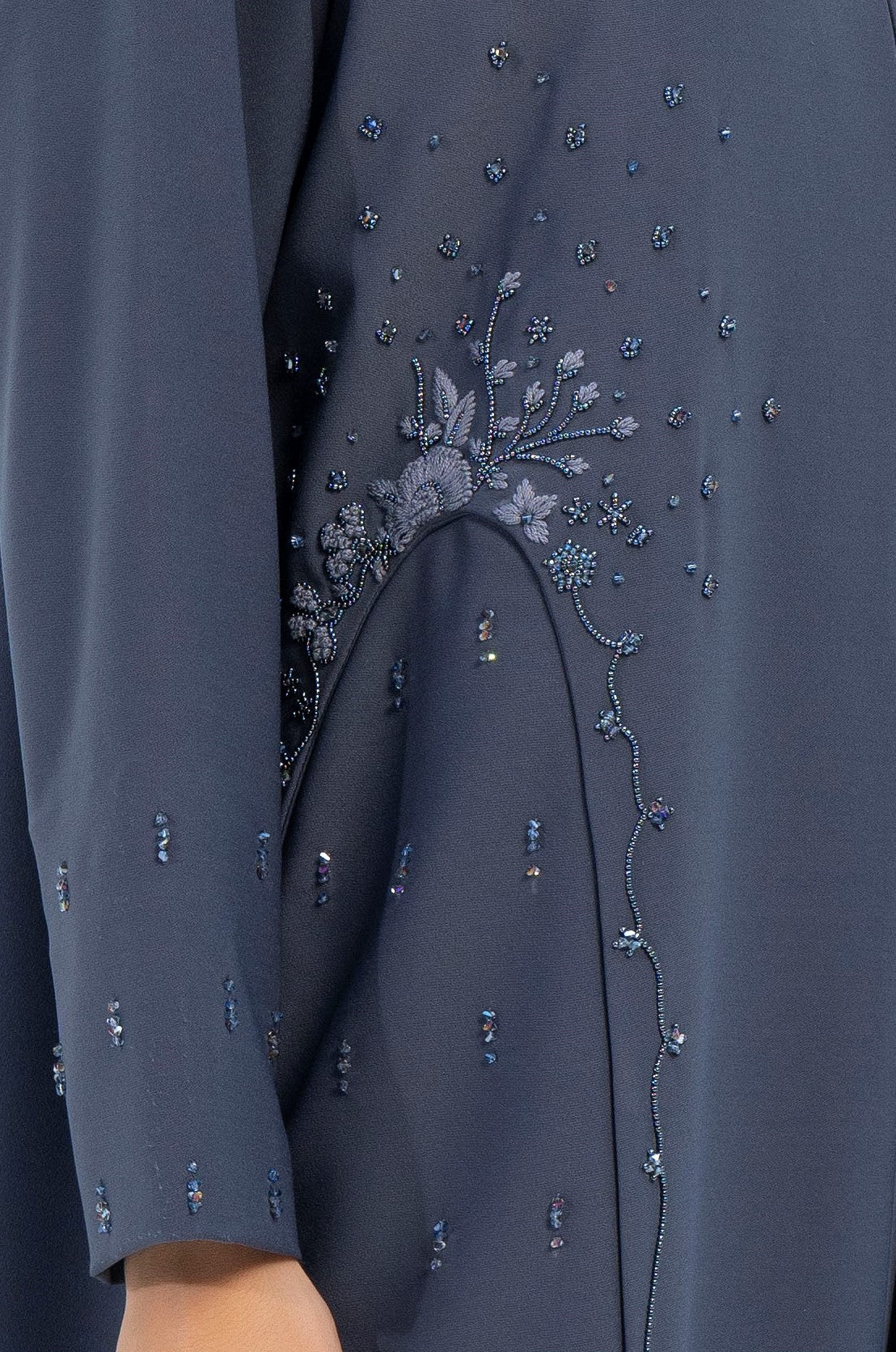 Grey V-Neck Abaya with Embellishments on Side and Both Sleeves