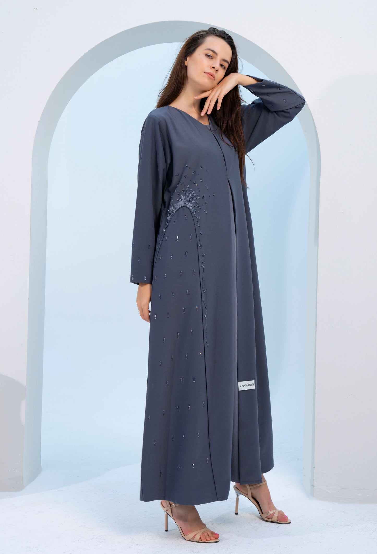 Grey V-Neck Abaya with Embellishments on Side and Both Sleeves