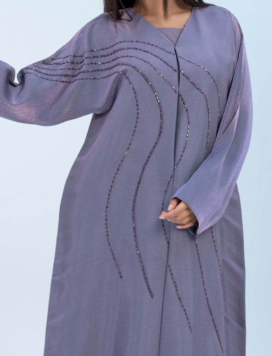 Purple Colored V-Neck Abaya with Flowy Embellishments