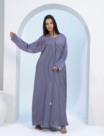 Purple Colored V-Neck Abaya with Flowy Embellishments