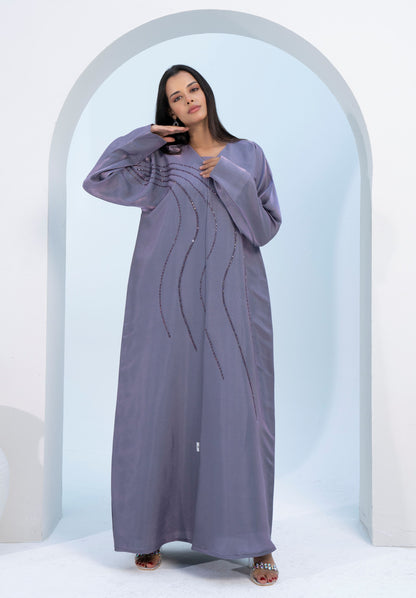 Purple Colored V-Neck Abaya with Flowy Embellishments