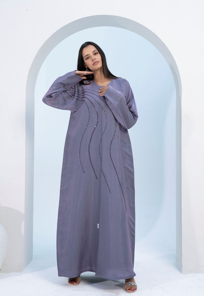 Purple Colored V-Neck Abaya with Flowy Embellishments