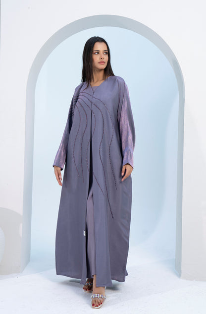 Purple Colored V-Neck Abaya with Flowy Embellishments