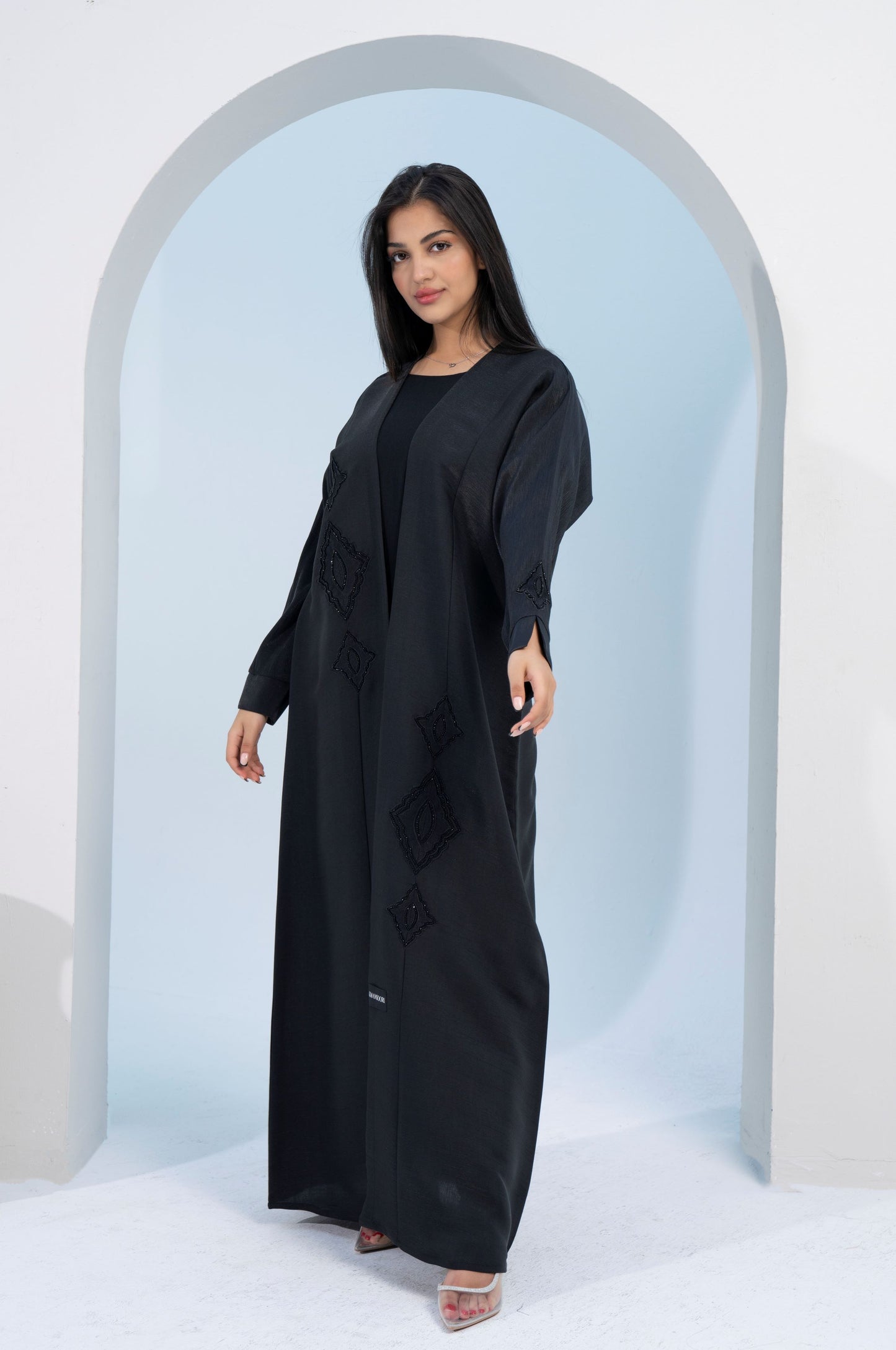 Black bisht abaya with ethnic embroidery and embellishments