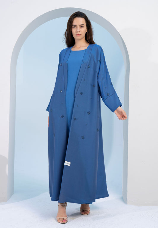 Sky blue bisht abaya with star sparkle embellishments 