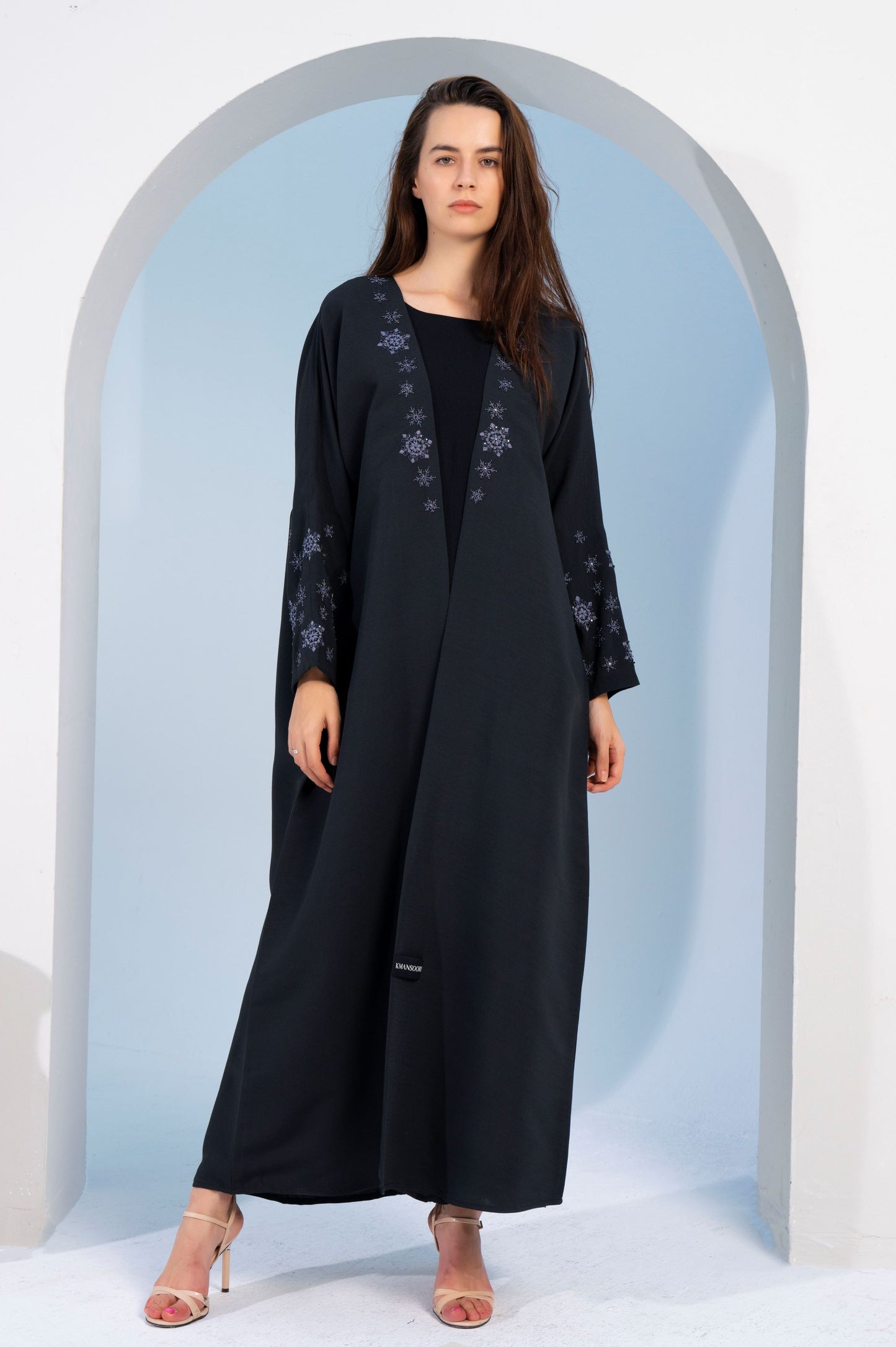 Black bisht abaya with snowflake embroidery and embellishments