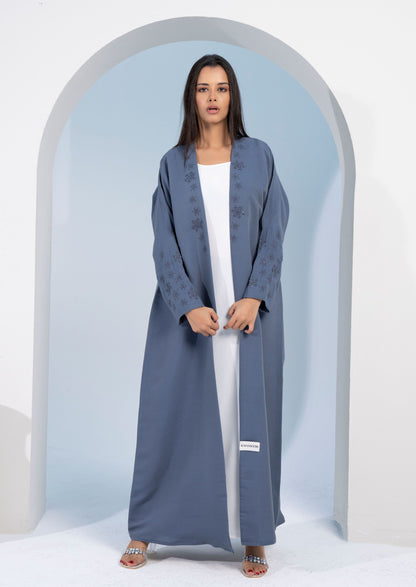 Sky blue bisht abaya with snowflake embroidery and embellishments