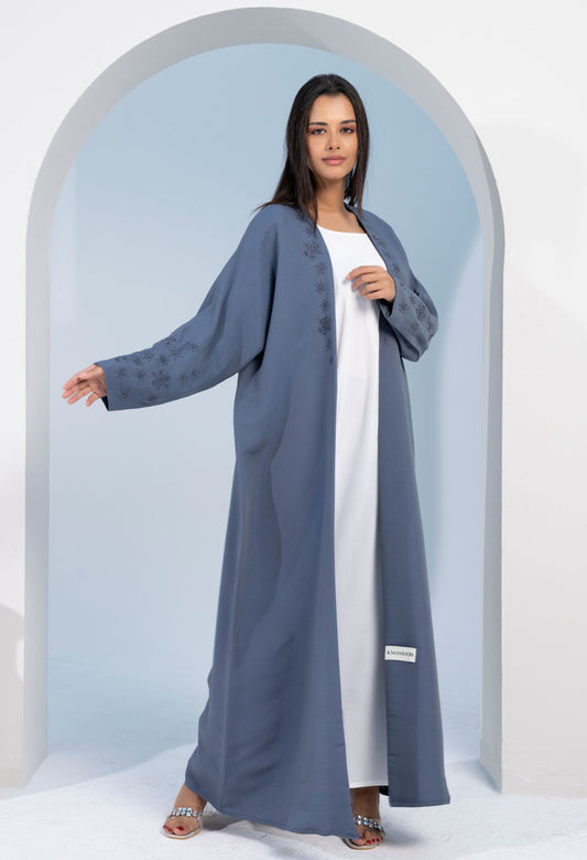 Sky blue bisht abaya with snowflake embroidery and embellishments on top front flap  and sleeves