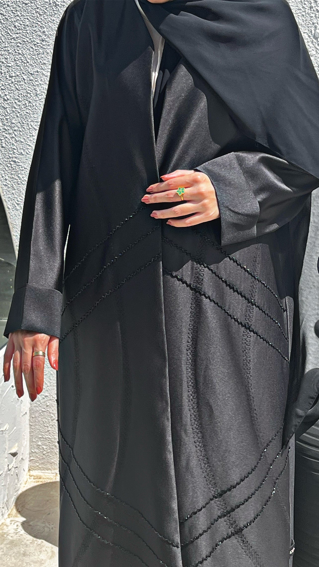 Black abaya with geometrical bead line embroidery