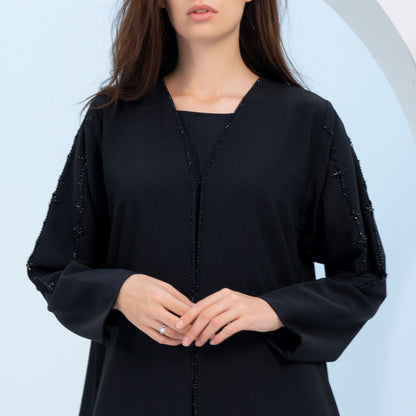 Black V-Neck Abaya with Star Line Embellishments on Sleeves and Flap