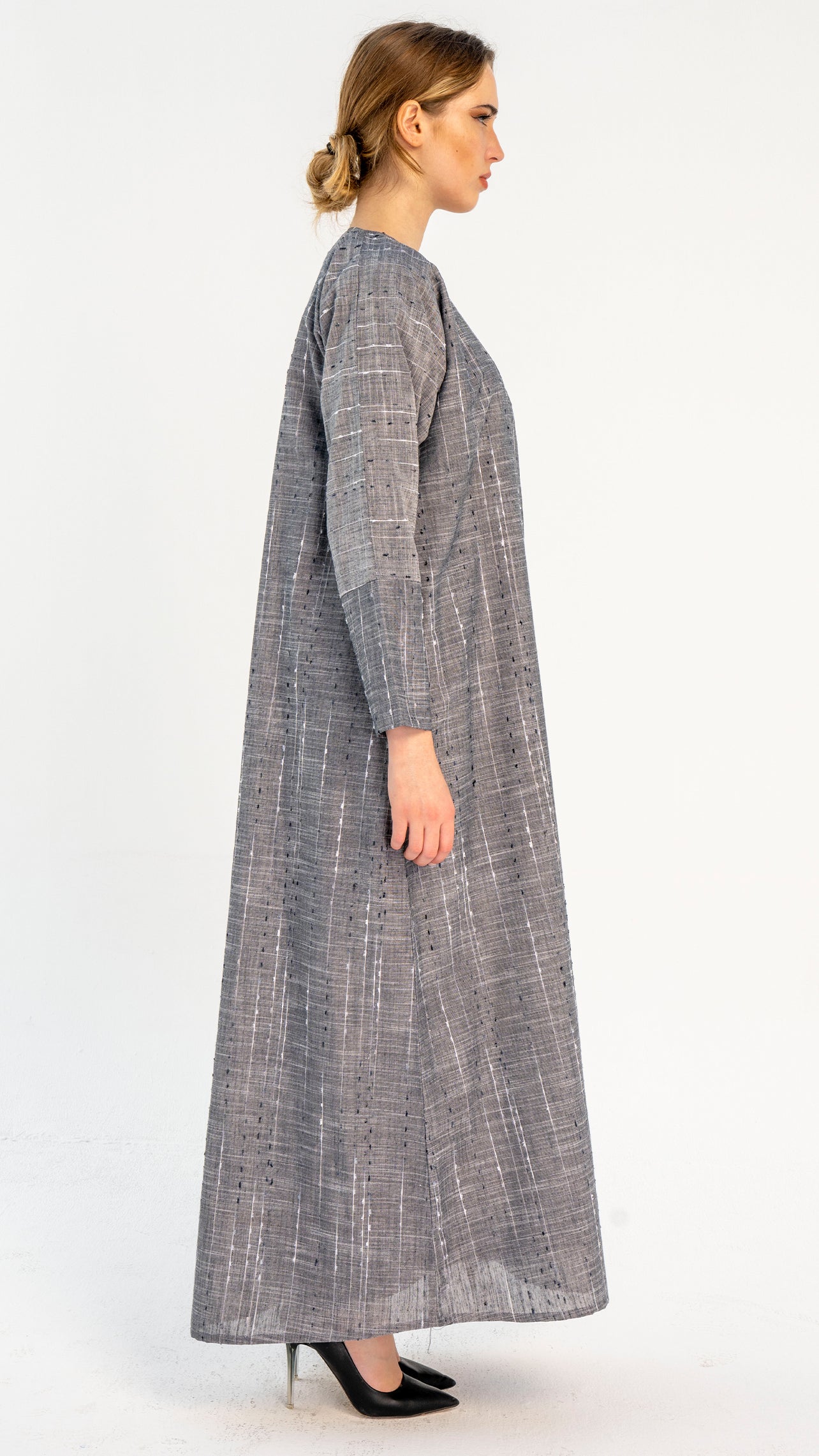 Grey Stripe Linen Overlap Abaya with Cut Joined Sleeve Pattern