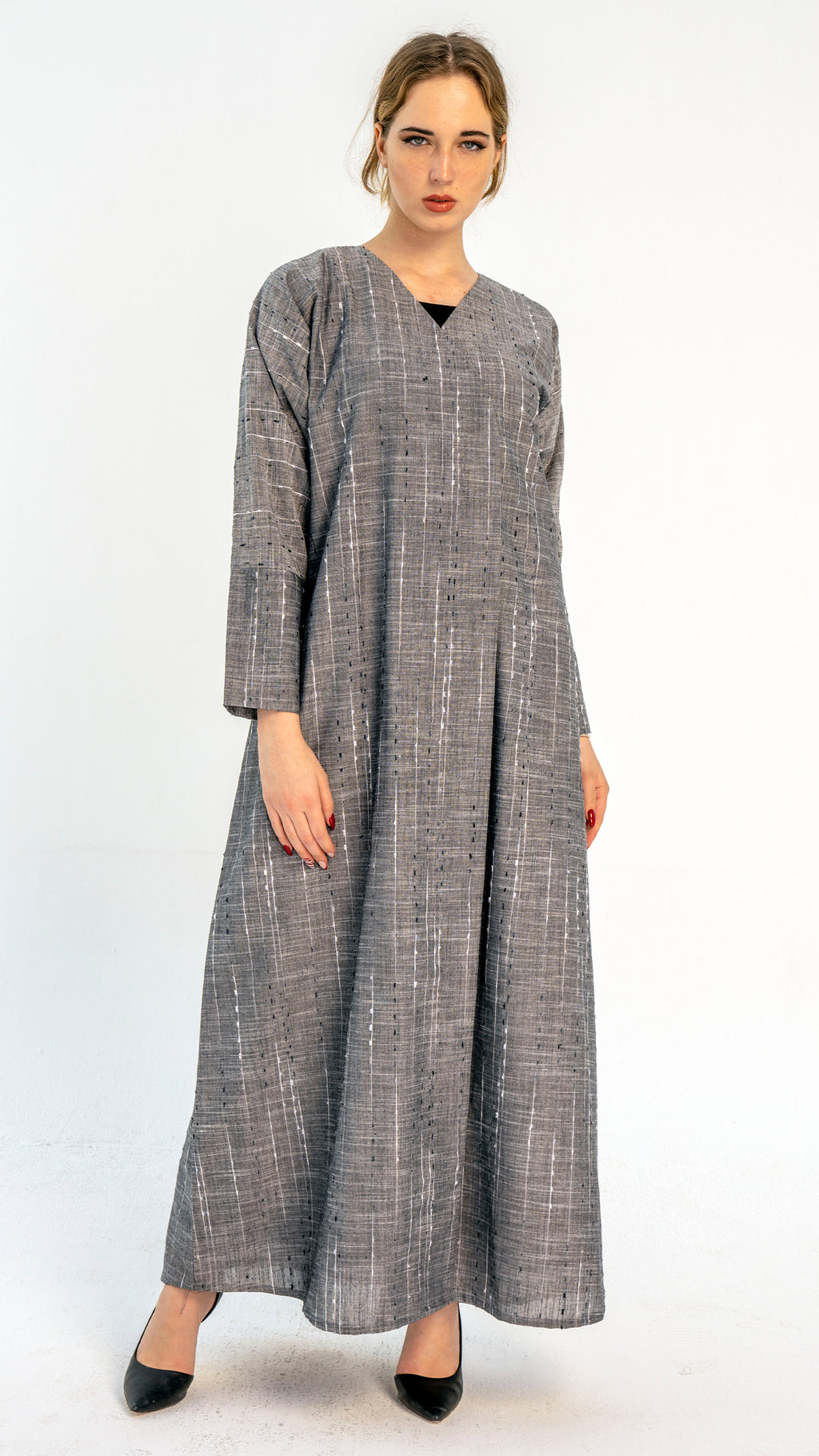 Grey Stripe Linen Overlap Abaya with Cut Joined Sleeve Pattern