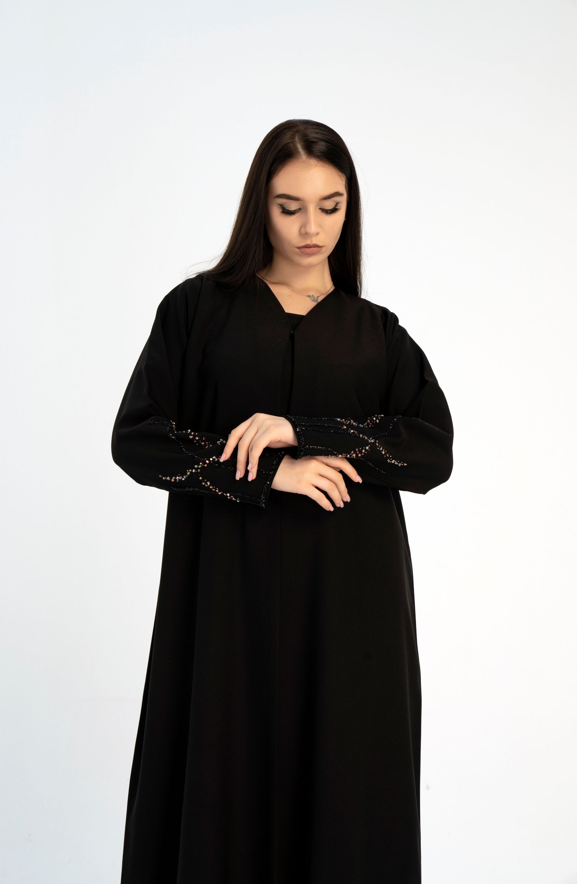 Black abaya online with embellished sleeves