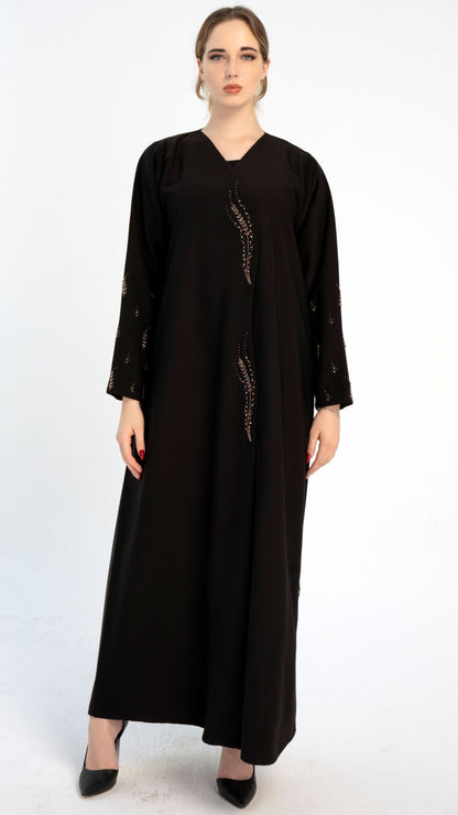 Black abaya with Stylized Curve Cut Pattern With Floral Bead Embellishments On the Front flaps And Sleeves
