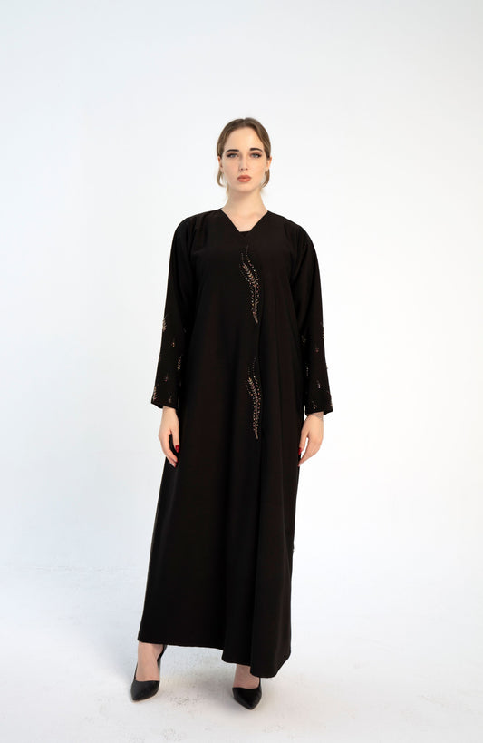 Black abaya with Stylized Curve Cut Pattern With Floral Bead Embellishments On the Front flaps And Sleeves