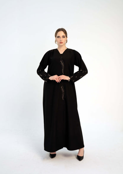 Black abaya with Stylized Curve Cut Pattern With Floral Bead Embellishments On the Front flaps And Sleeves in Dubai