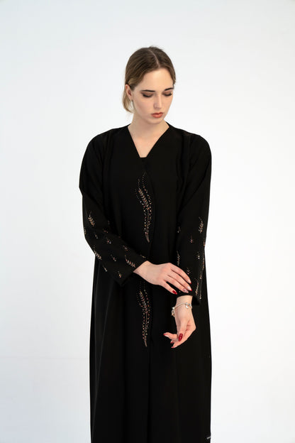 Black abaya with Stylized Curve Cut Pattern With Floral Bead Embellishments in Dubai Online