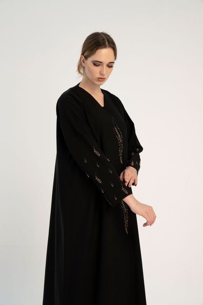 Black abaya with Stylized Curve Cut Pattern With Floral Bead Embellishments