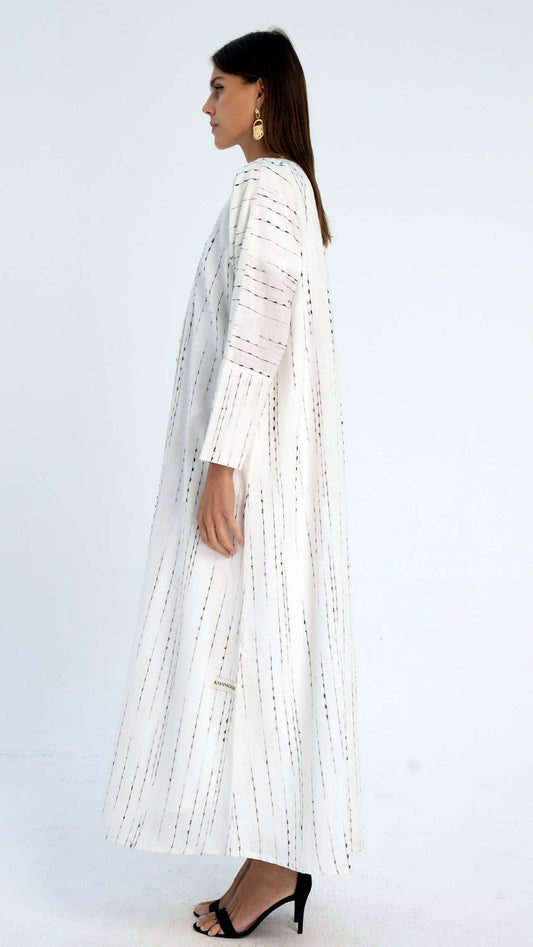 White stripe linen overlap abaya that has cut joined sleeve pattern.