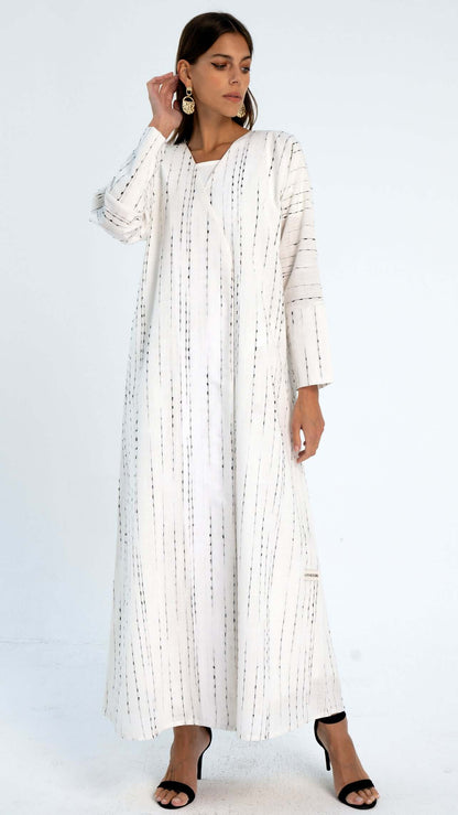 White stripe linen overlap abaya in Dubai Online.
