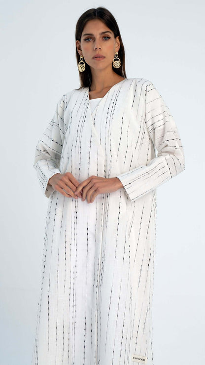 White linen overlap abaya with cut joined sleeve pattern