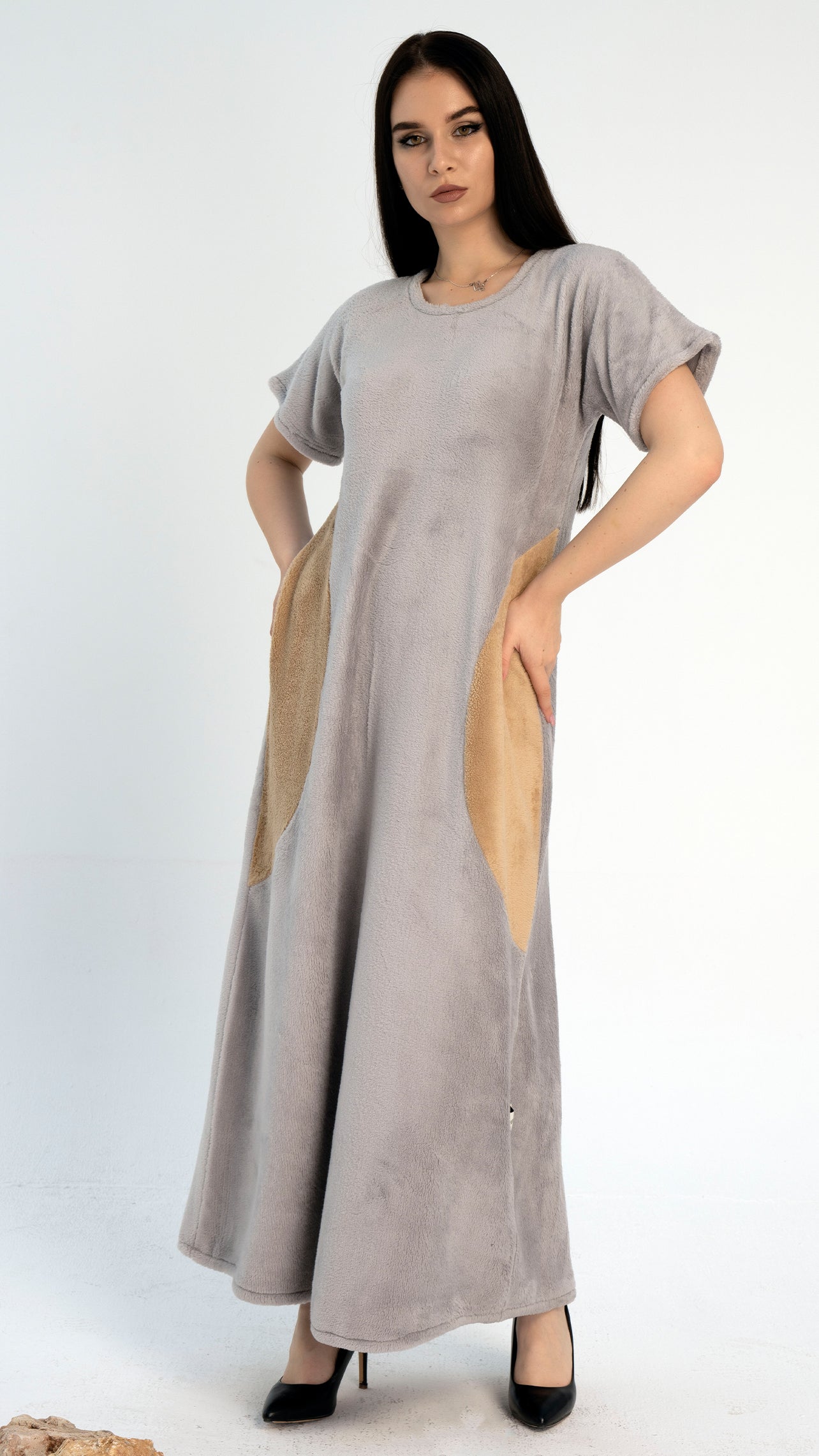 Grey and Brown Color Block Design Inner Abaya in Soft Wool Fabric