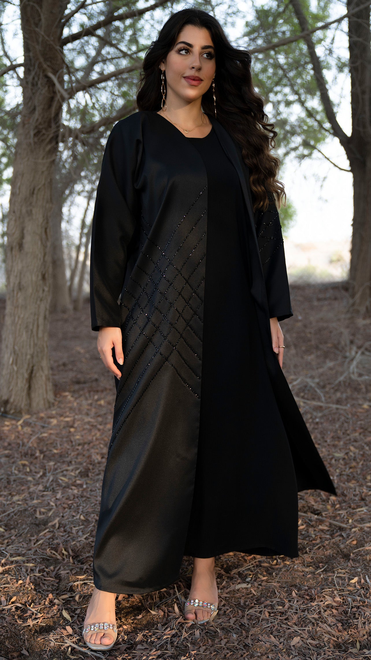 Black geometrical bead line embroidery abaya dress in Dubai